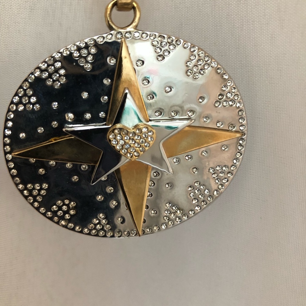 Large Star with heart pendant necklace. Silver/gold tone with double chain, 17”
